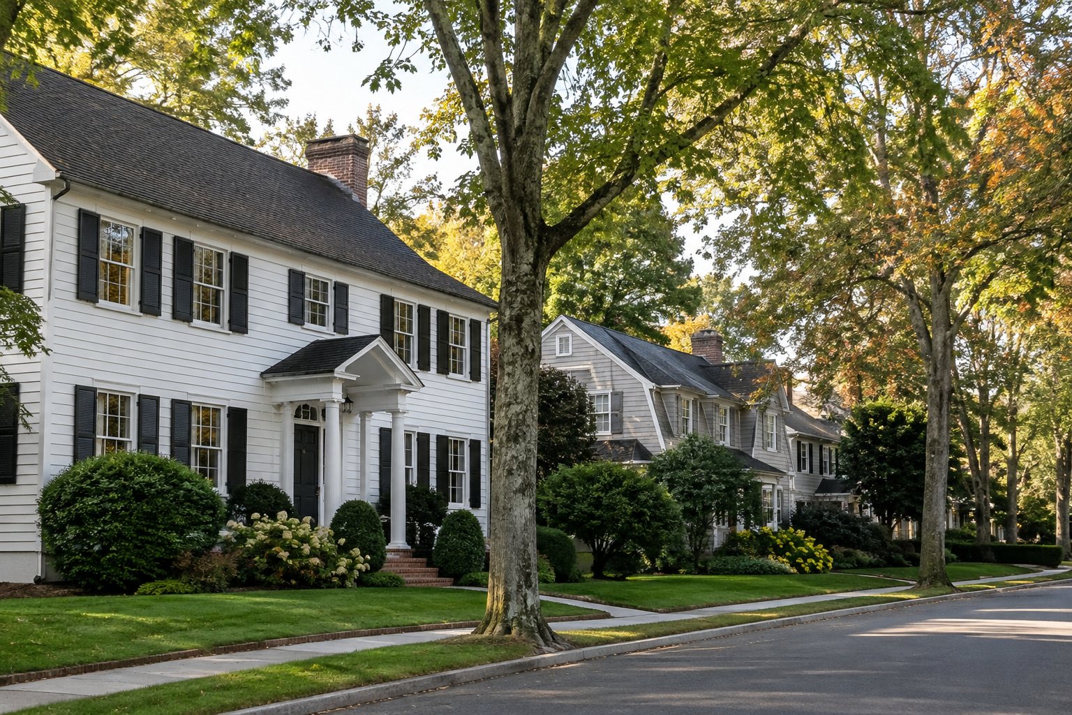 A quiet Long Island street with coastal homes, illustrative