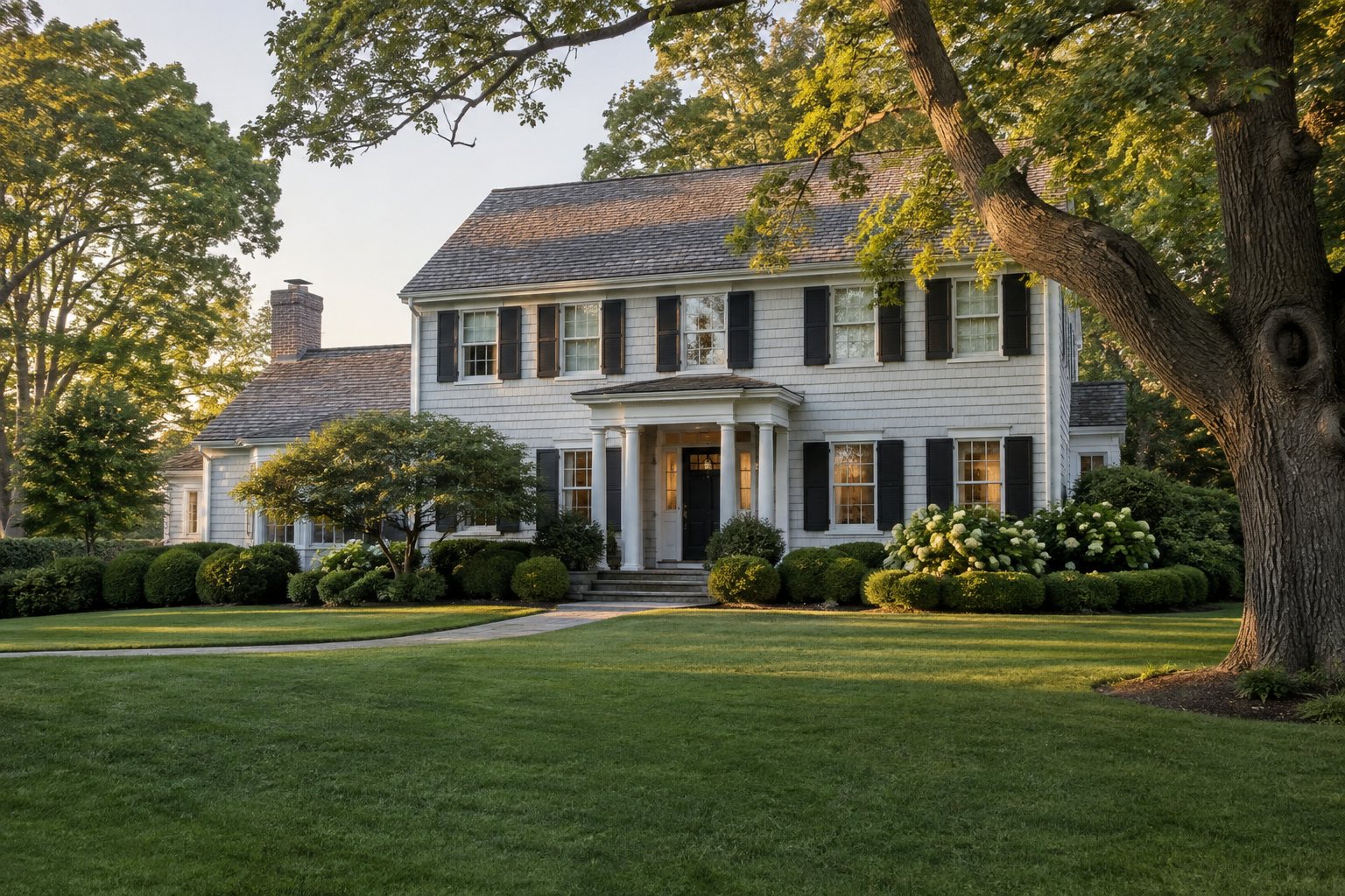 A Long Island colonial home on a tree lined street in soft evening light, illustrative