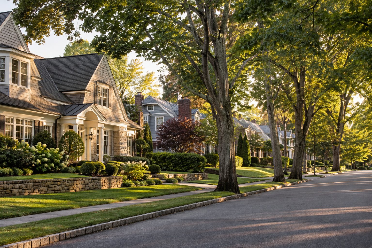 A Long Island street with homes, illustrative