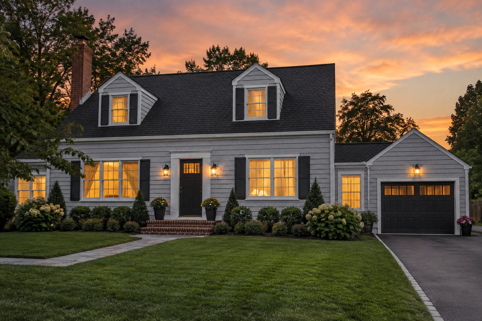 A Long Island home at dusk, illustrative