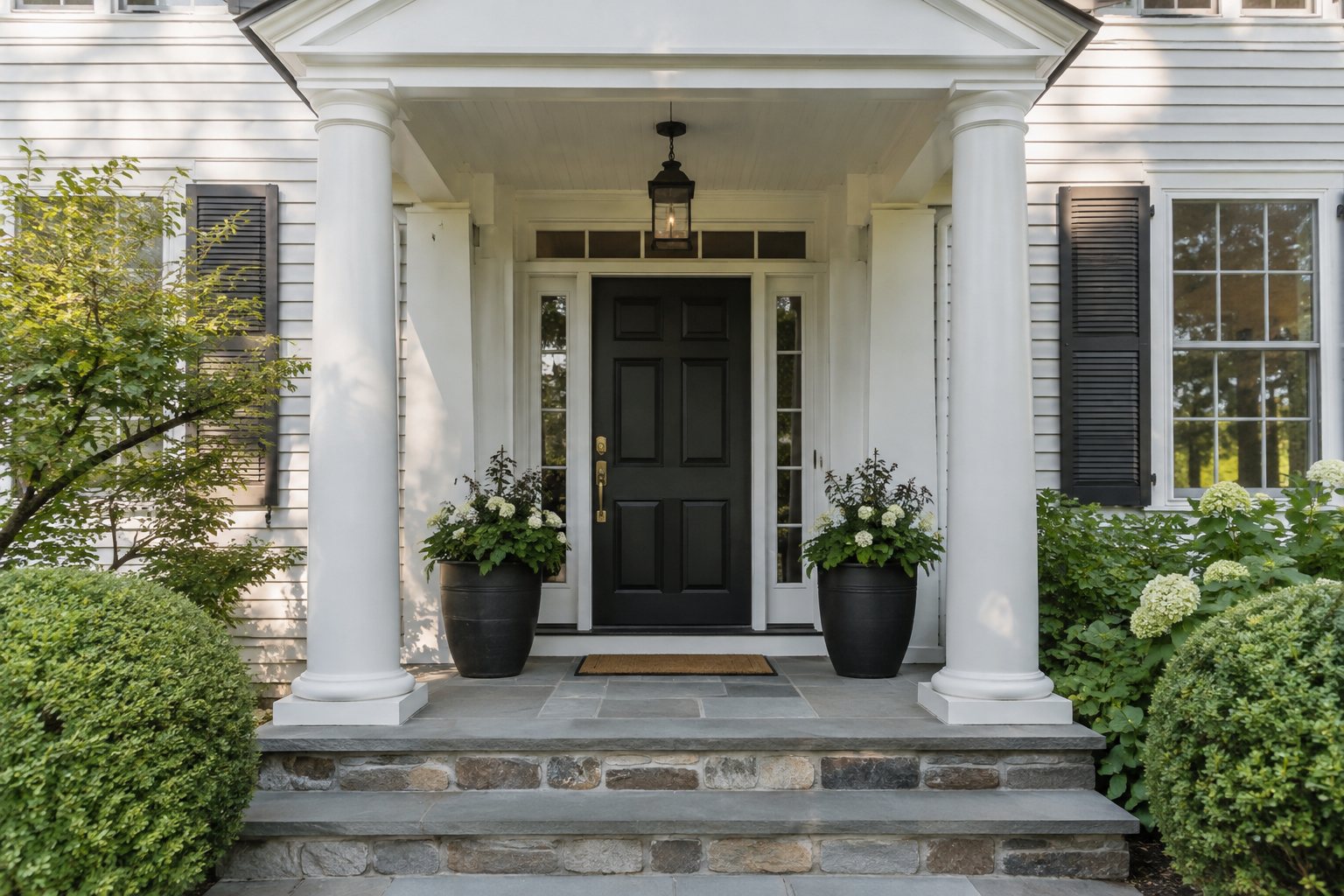 A covered front entry of a Long Island home, illustrative